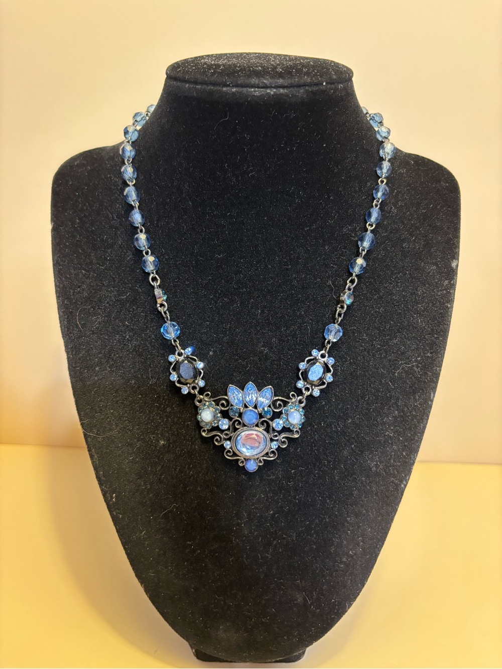 2028 Gunmetal-Tone Multi Crystal Blue Statement Necklace 16”+3”